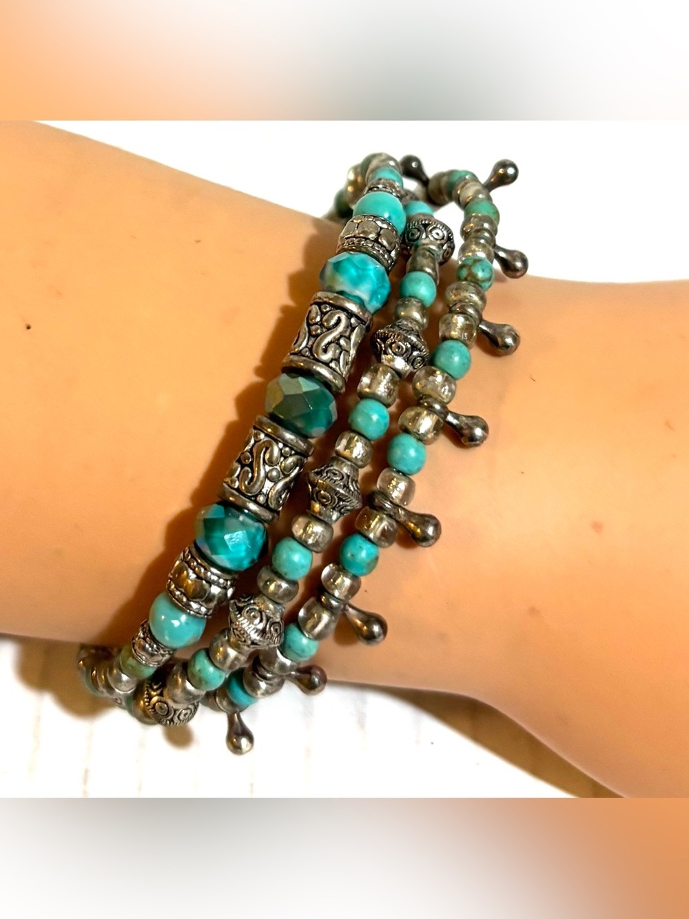 Turquoise and Silver Beaded Wrap Bracelet - Women Jewelry stretchy one size